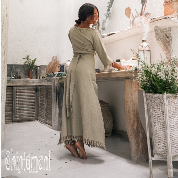 Chintamani Wrap Boho Cotton Dress with Fringe Sage Green Small - Picture 3 of 16